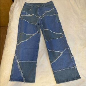 High-waist two tone raw trim straight leg jeans